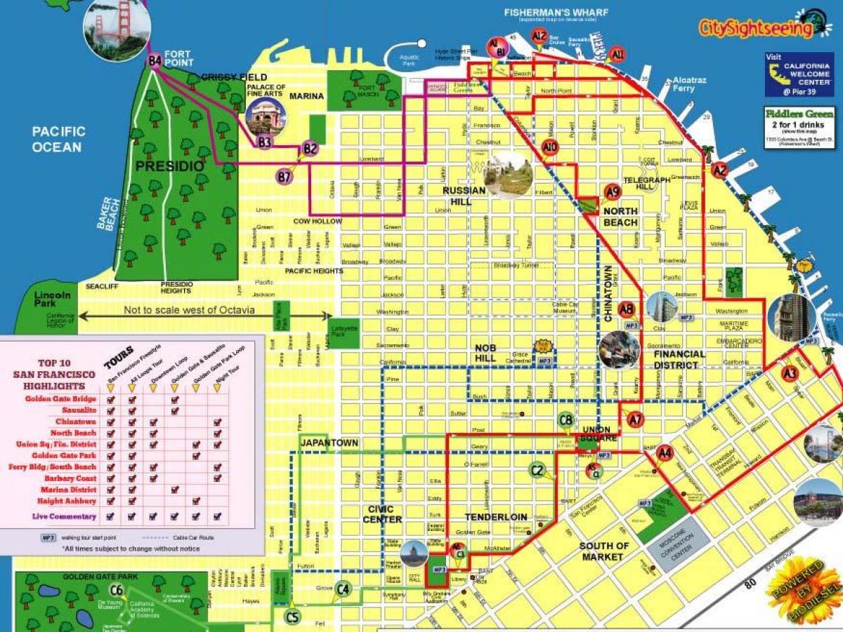 Mapa de ciutat de turisme de San Francisco ruta