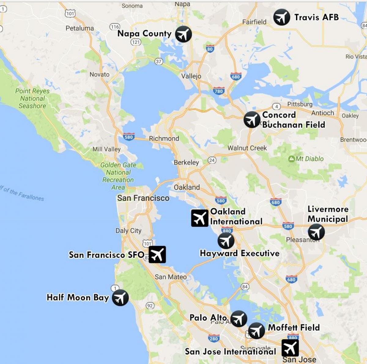 aeroports a prop de San Francisco mapa