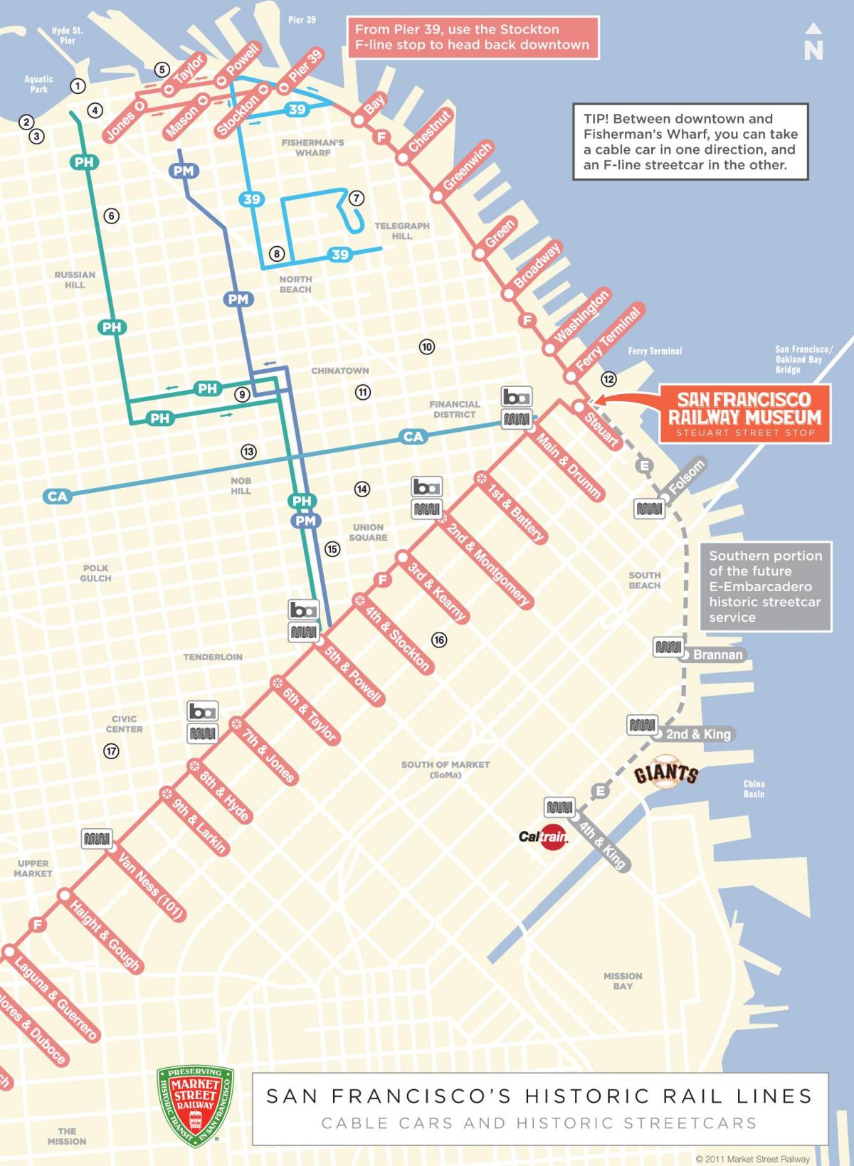 Mapa de telefèric ruta de San Francisco, ca